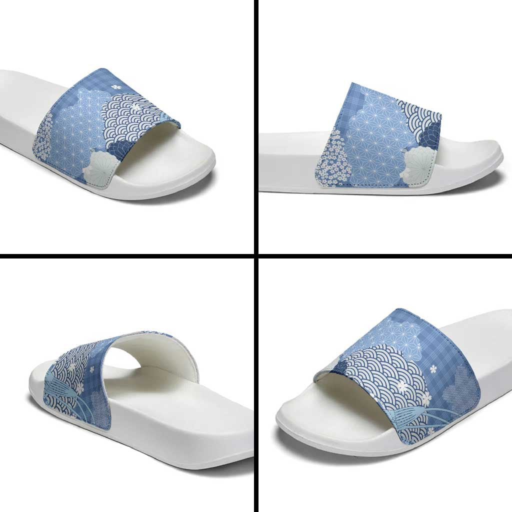 Blue Palaka Japanese Patterns Slide Sandals Asanoha Seigaiha Sakura Motif LT14 - Polynesian Pride