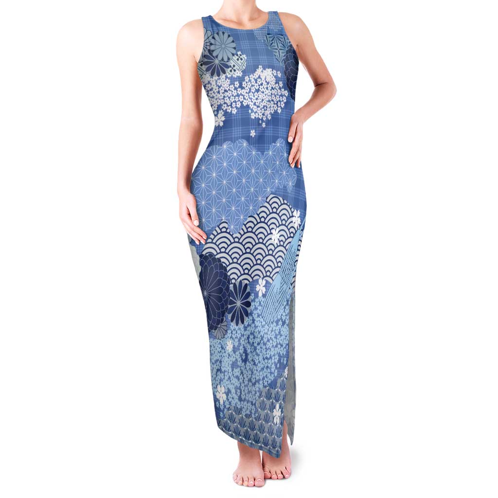 Blue Palaka Japanese Patterns Tank Maxi Dress Asanoha Seigaiha Sakura Motif LT14 Women Blue - Polynesian Pride