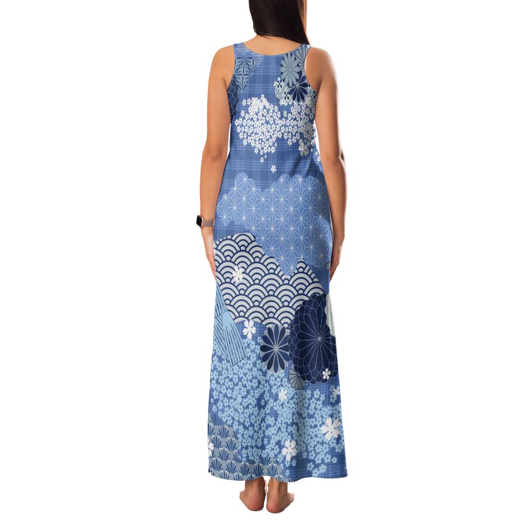 Blue Palaka Japanese Patterns Tank Maxi Dress Asanoha Seigaiha Sakura Motif LT14 - Polynesian Pride