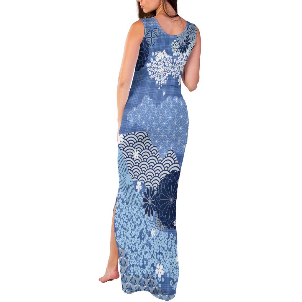 Blue Palaka Japanese Patterns Tank Maxi Dress Asanoha Seigaiha Sakura Motif LT14 - Polynesian Pride