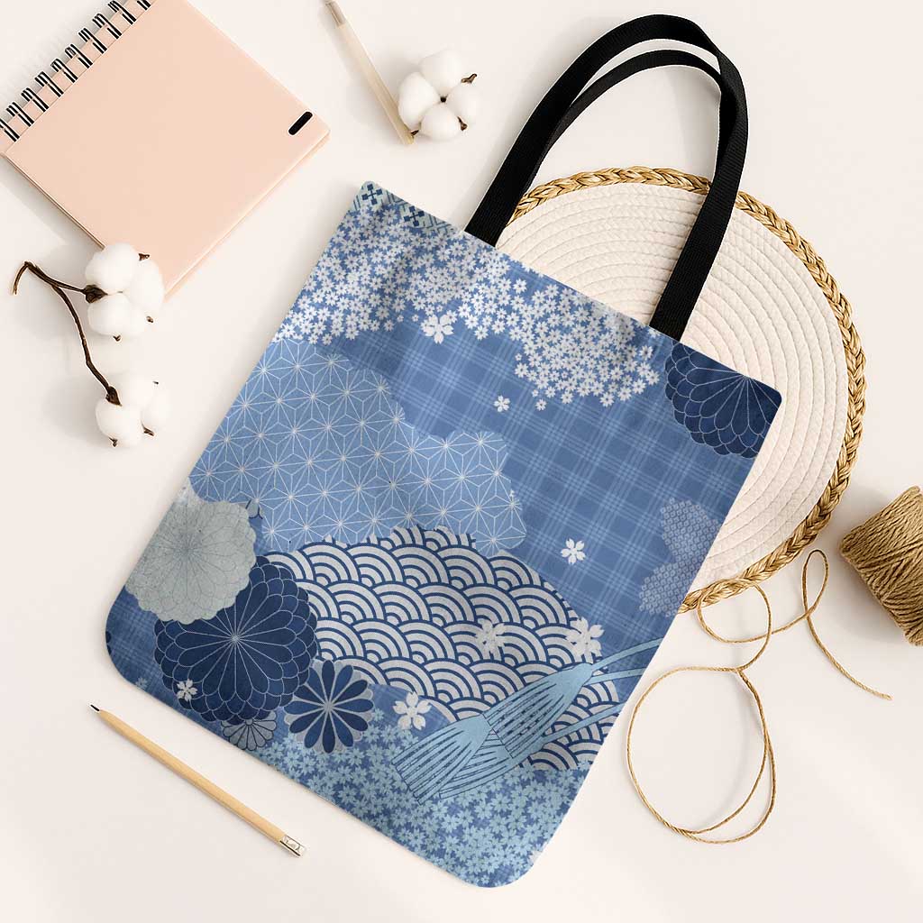 Blue Palaka Japanese Patterns Tote Bag Asanoha Seigaiha Sakura Motif - Polynesian Pride