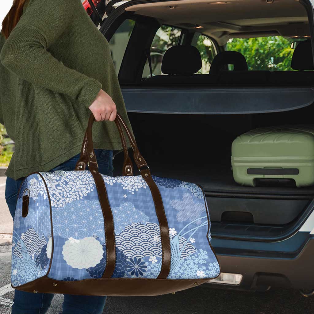 Blue Palaka Japanese Patterns Travel Bag Asanoha Seigaiha Sakura Motif - Polynesian Pride