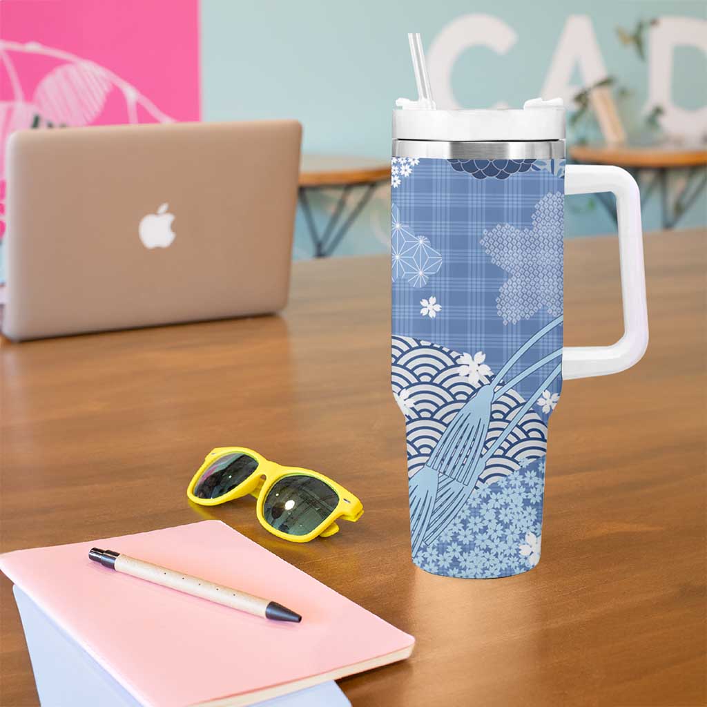 Blue Palaka Japanese Patterns Tumbler With Handle Asanoha Seigaiha Sakura Motif - Polynesian Pride