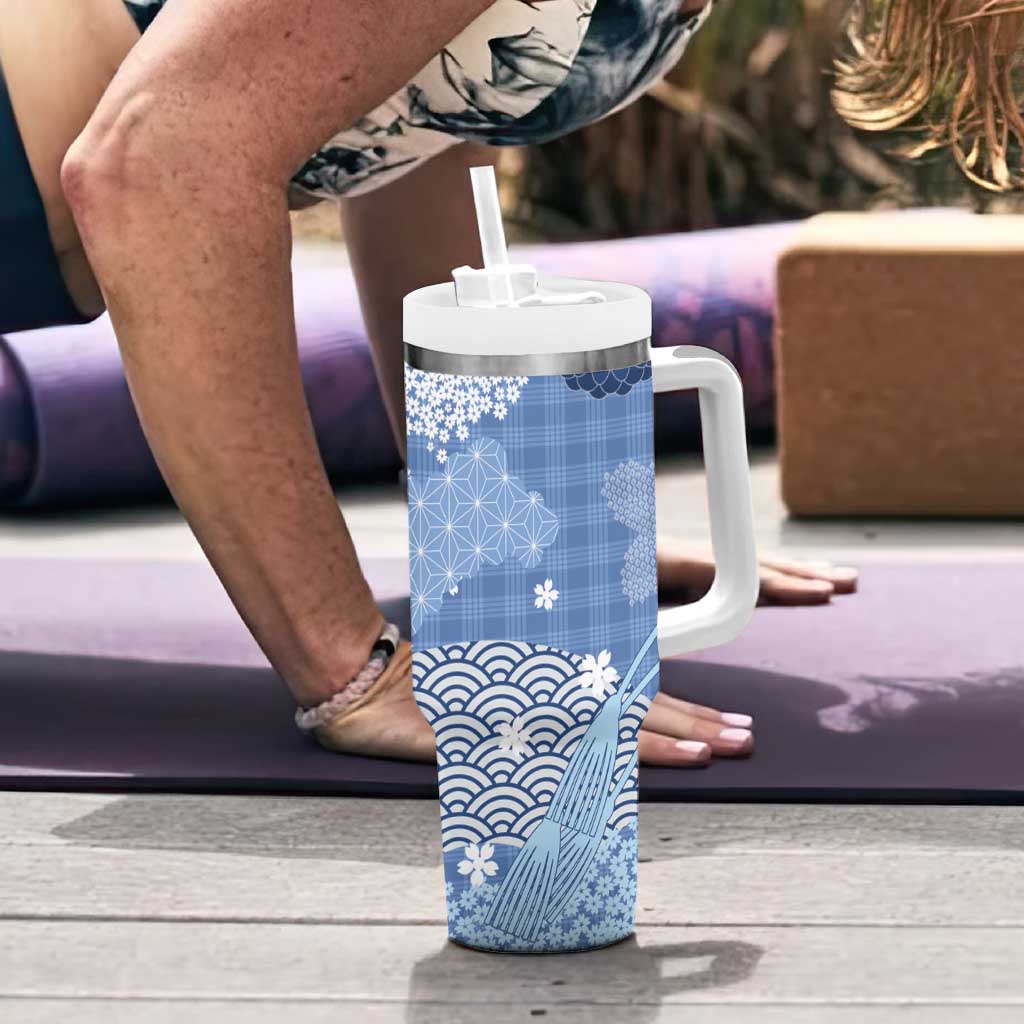 Blue Palaka Japanese Patterns Tumbler With Handle Asanoha Seigaiha Sakura Motif - Polynesian Pride