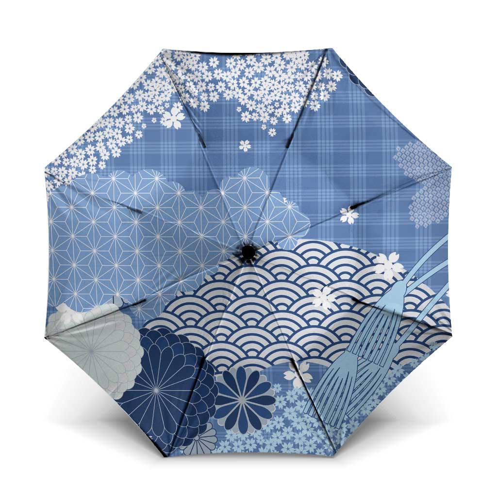 Blue Palaka Japanese Patterns Umbrella Asanoha Seigaiha Sakura Motif LT14 One Size Folded 11.42 inch Opened Diameter 37.4 inch Blue - Polynesian Pride