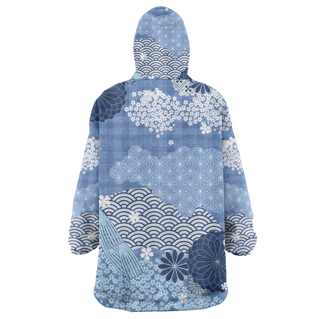 Blue Palaka Japanese Patterns Wearable Blanket Hoodie Asanoha Seigaiha Sakura Motif - Polynesian Pride