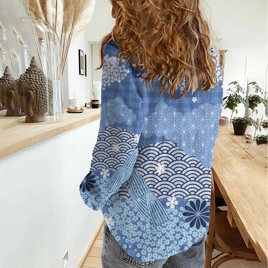 Blue Palaka Japanese Patterns Women Casual Shirt Asanoha Seigaiha Sakura Motif - Polynesian Pride
