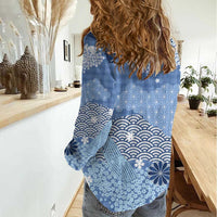 Blue Palaka Japanese Patterns Women Casual Shirt Asanoha Seigaiha Sakura Motif - Polynesian Pride