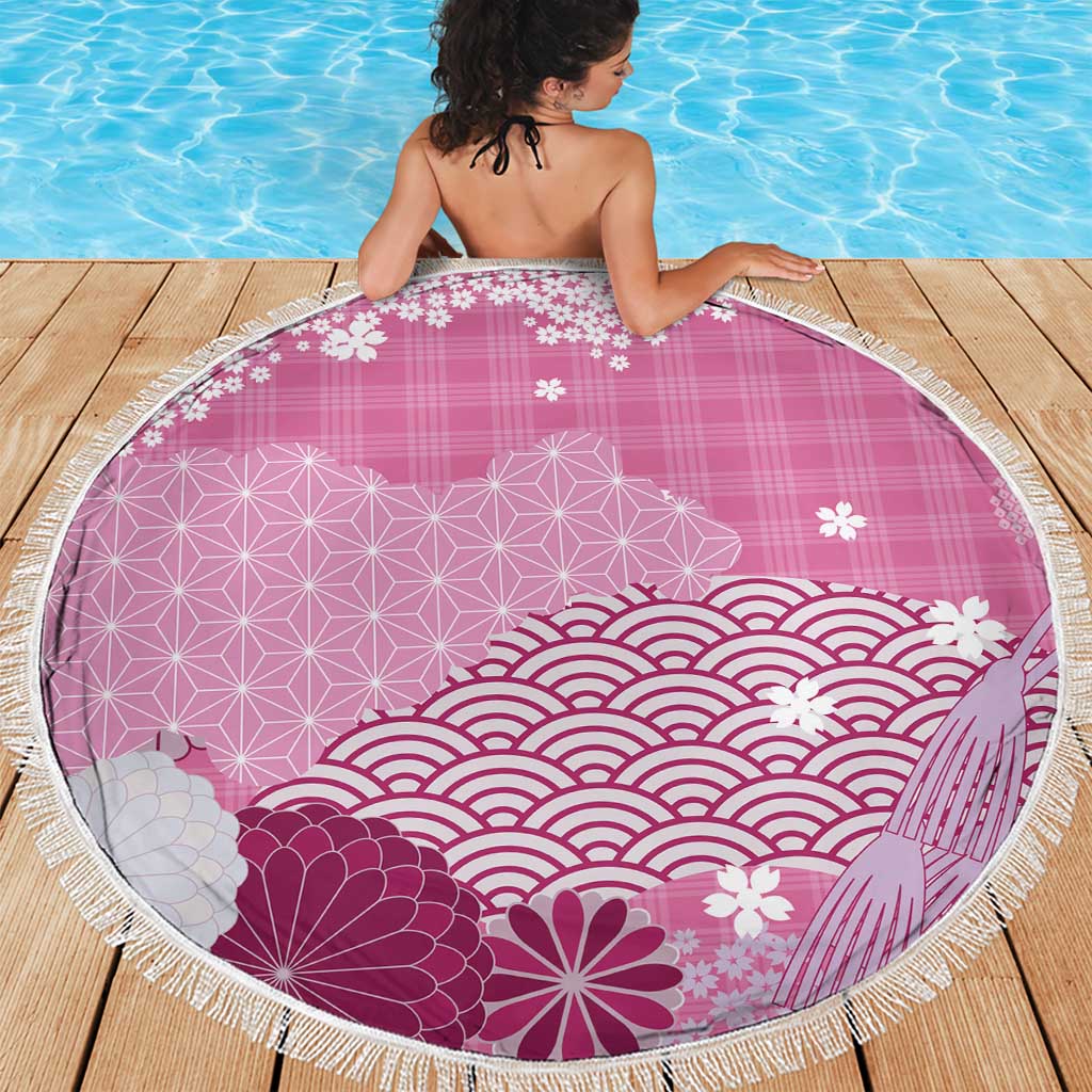 Pink Palaka Japanese Patterns Beach Blanket Asanoha Seigaiha Sakura Motif - Polynesian Pride