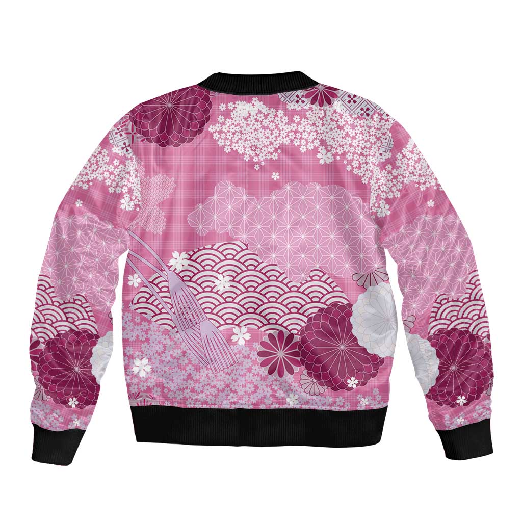 Pink Palaka Japanese Patterns Bomber Jacket Asanoha Seigaiha Sakura Motif LT14 - Polynesian Pride