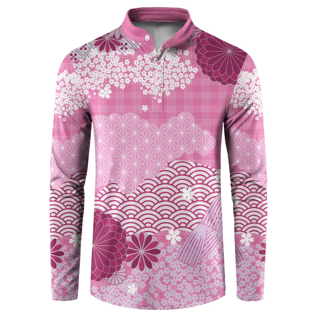 Pink Palaka Japanese Patterns Button Sweatshirt Asanoha Seigaiha Sakura Motif LT14 Pink - Polynesian Pride