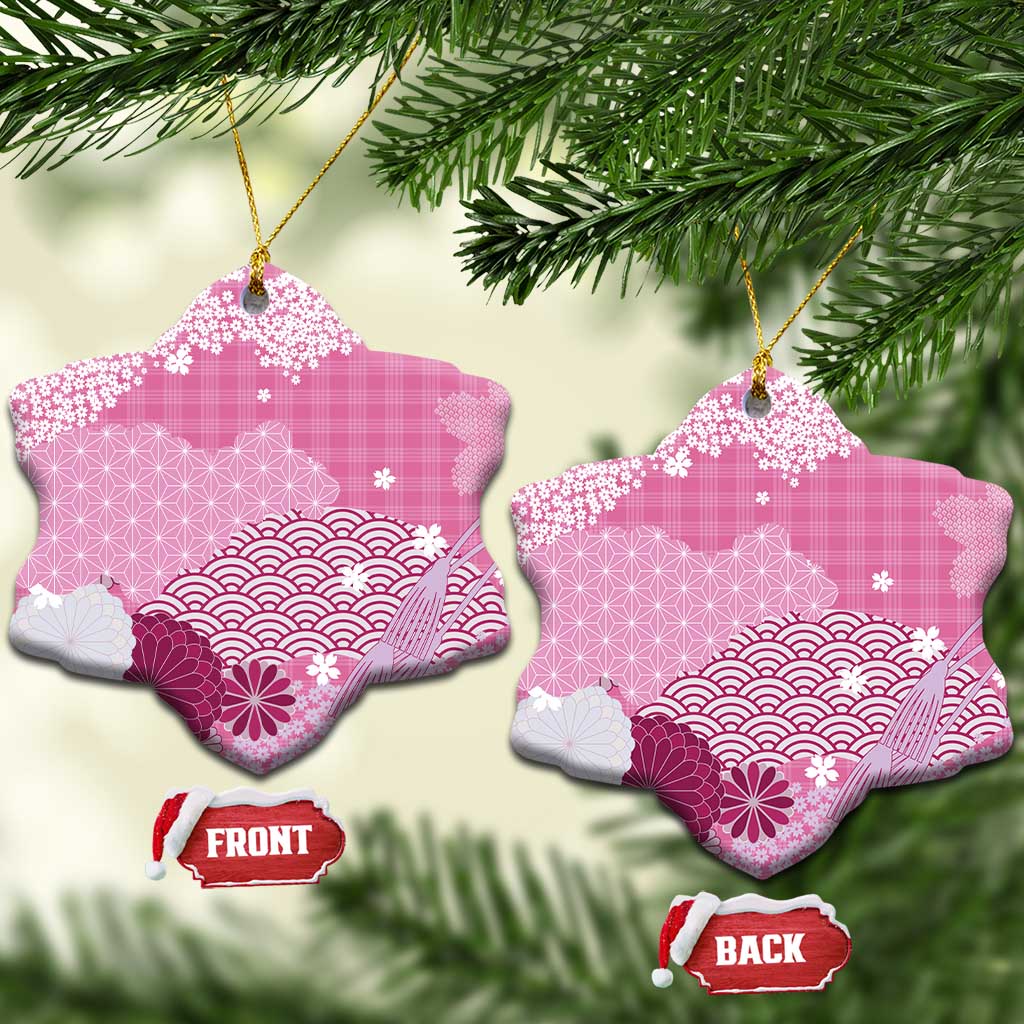 Pink Palaka Japanese Patterns Ceramic Ornament Asanoha Seigaiha Sakura Motif - Polynesian Pride