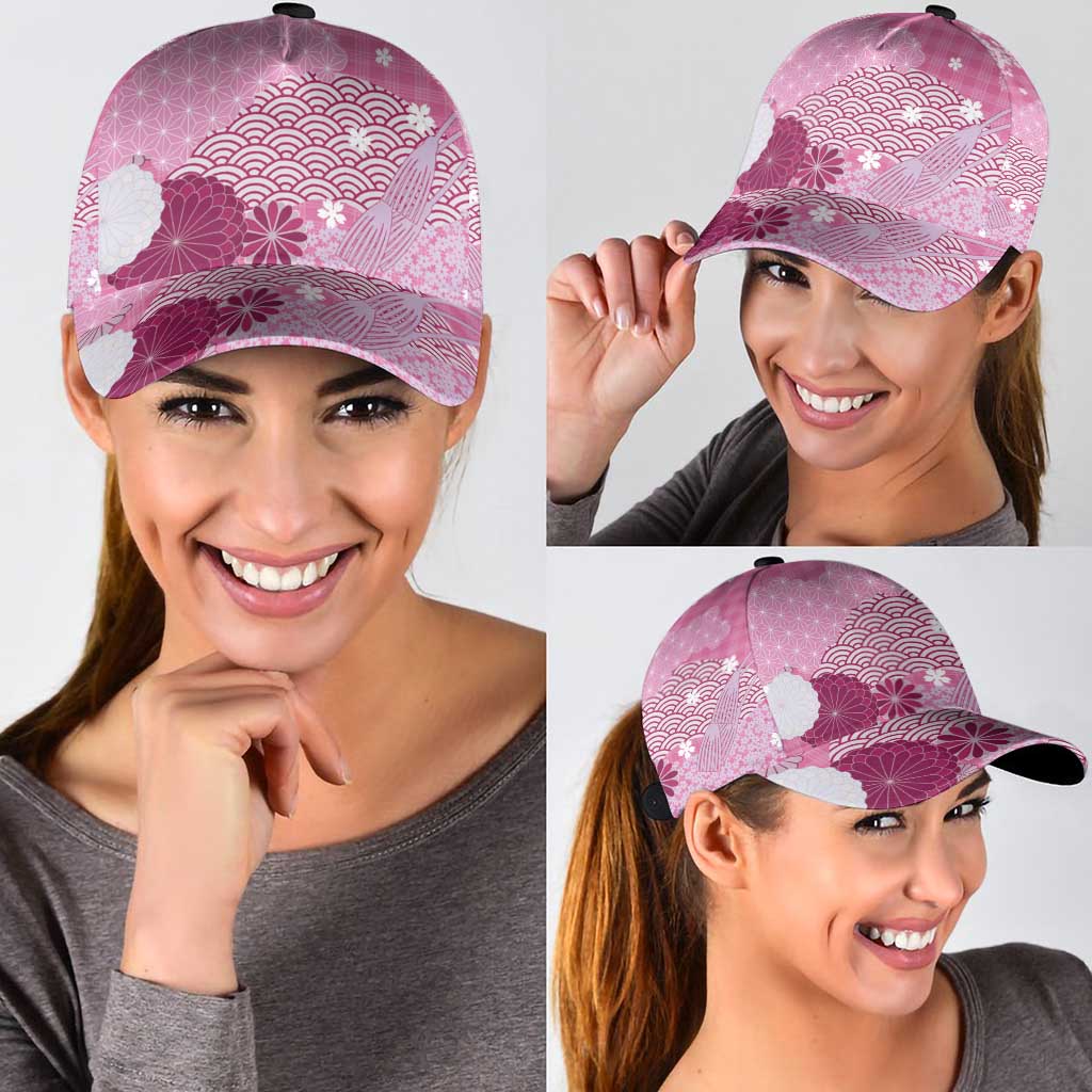 Pink Japanese Traditional Motifs Classic Cap Palaka With Asanoha Seigaiha Sakura - Polynesian Pride