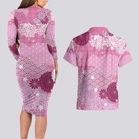 Pink Palaka Japanese Patterns Couples Matching Long Sleeve Bodycon Dress and Hawaiian Shirt Asanoha Seigaiha Sakura Motif LT14 - Polynesian Pride
