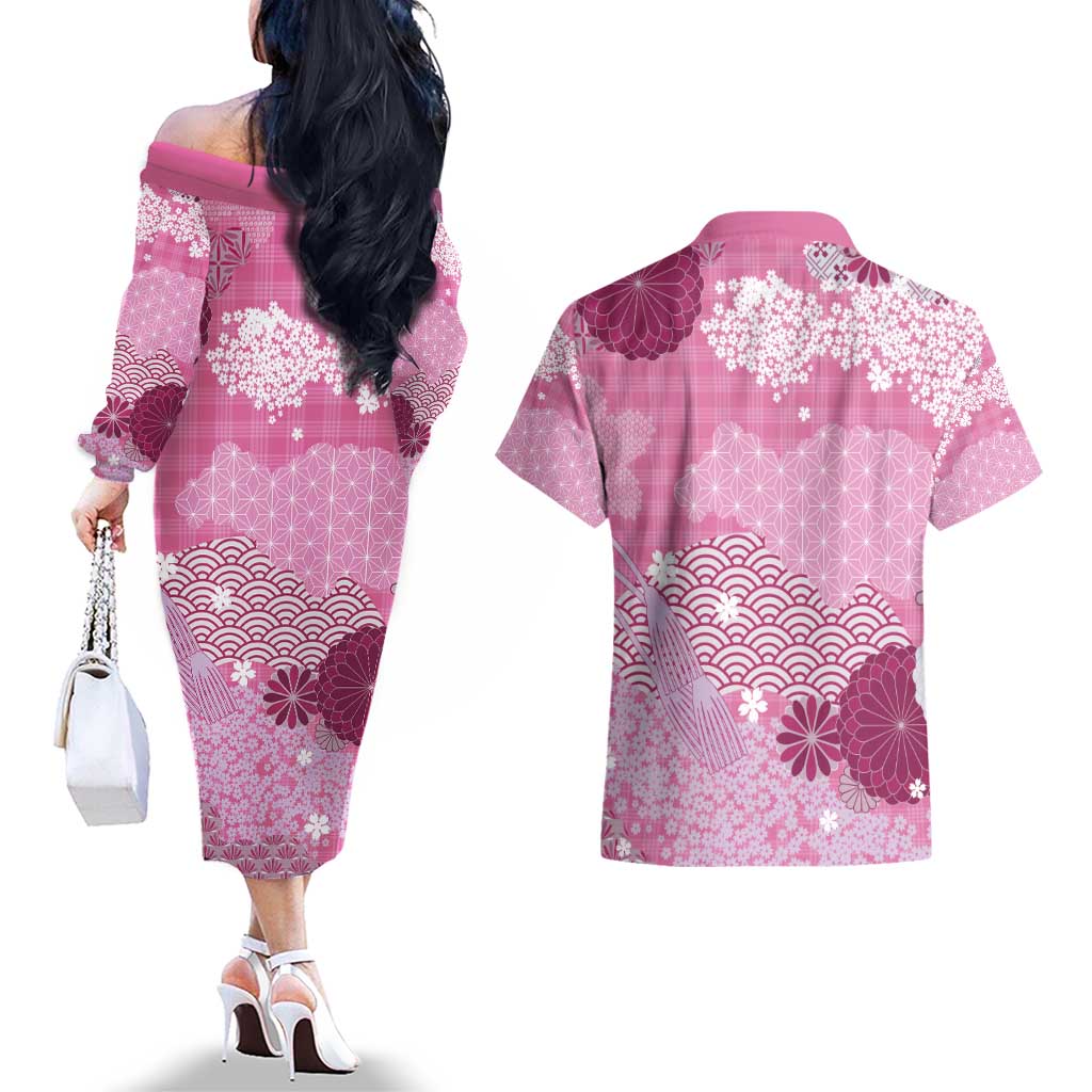 Pink Palaka Japanese Patterns Couples Matching Off The Shoulder Long Sleeve Dress and Hawaiian Shirt Asanoha Seigaiha Sakura Motif LT14 - Polynesian Pride