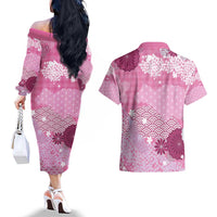 Pink Palaka Japanese Patterns Couples Matching Off The Shoulder Long Sleeve Dress and Hawaiian Shirt Asanoha Seigaiha Sakura Motif LT14 - Polynesian Pride