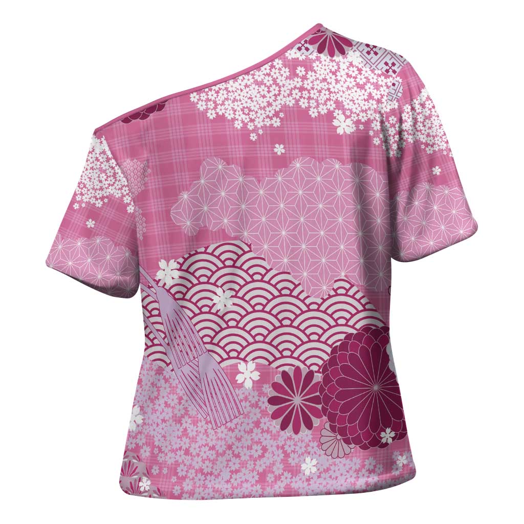 Pink Palaka Japanese Patterns Cross Shoulder Shirt Asanoha Seigaiha Sakura Motif LT14 - Polynesian Pride