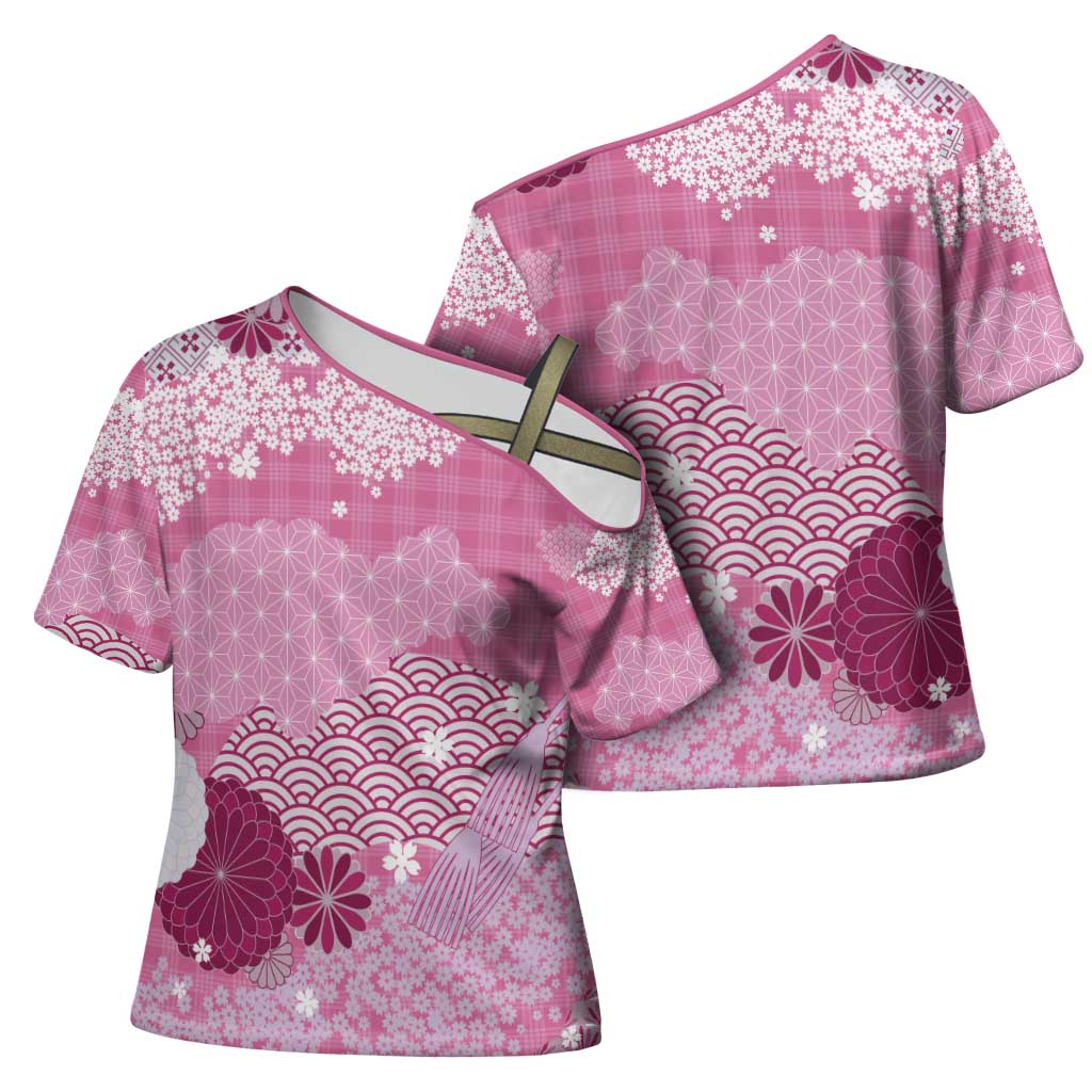 Pink Palaka Japanese Patterns Cross Shoulder Shirt Asanoha Seigaiha Sakura Motif LT14 - Polynesian Pride