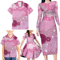 Pink Palaka Japanese Patterns Family Matching Long Sleeve Bodycon Dress and Hawaiian Shirt Asanoha Seigaiha Sakura Motif LT14 - Polynesian Pride