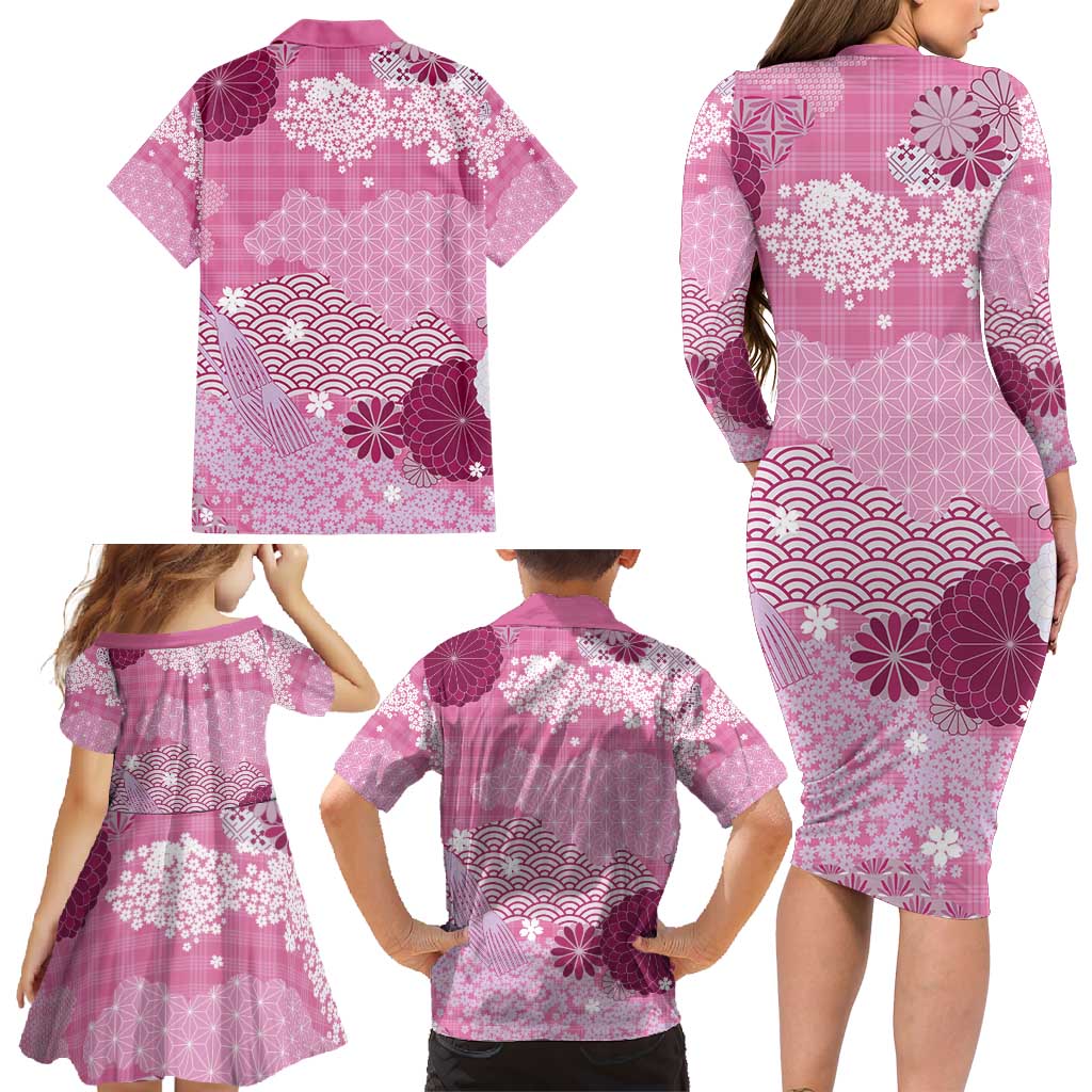 Pink Palaka Japanese Patterns Family Matching Long Sleeve Bodycon Dress and Hawaiian Shirt Asanoha Seigaiha Sakura Motif LT14 - Polynesian Pride