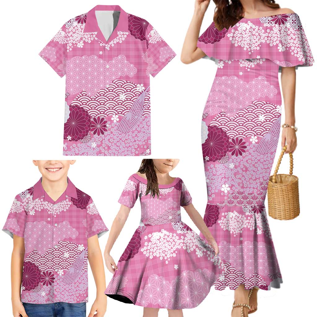 Pink Palaka Japanese Patterns Family Matching Mermaid Dress and Hawaiian Shirt Asanoha Seigaiha Sakura Motif LT14 - Polynesian Pride