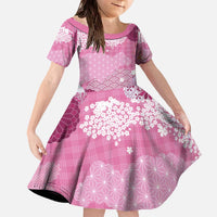 Pink Palaka Japanese Patterns Family Matching Off The Shoulder Long Sleeve Dress and Hawaiian Shirt Asanoha Seigaiha Sakura Motif LT14 Daughter's Dress Pink - Polynesian Pride