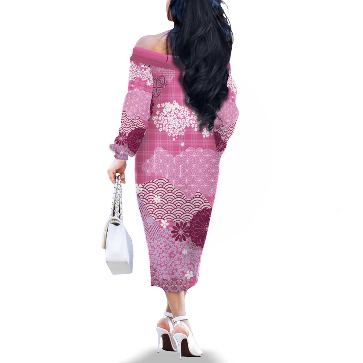 Pink Palaka Japanese Patterns Family Matching Off The Shoulder Long Sleeve Dress and Hawaiian Shirt Asanoha Seigaiha Sakura Motif LT14 - Polynesian Pride
