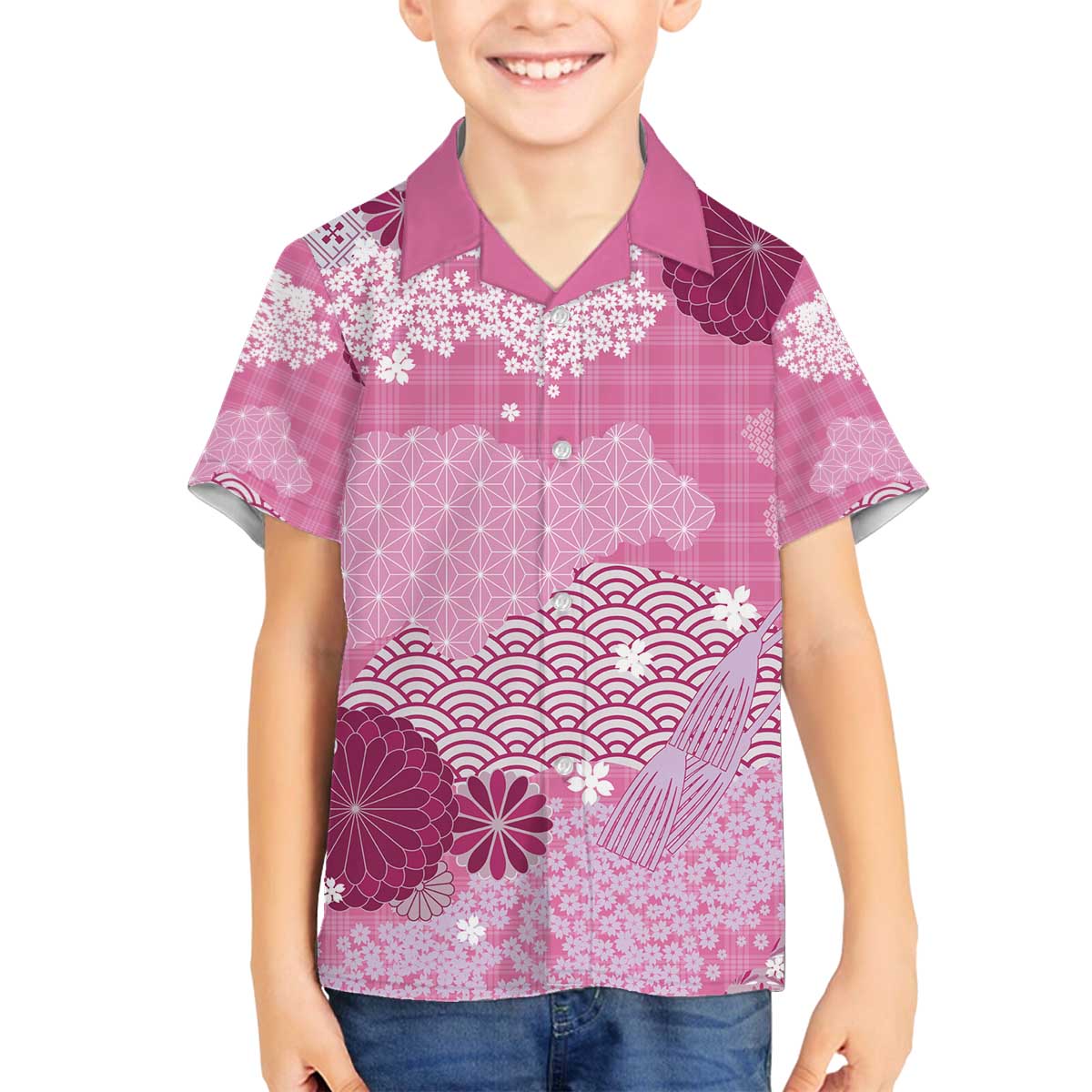 Pink Palaka Japanese Patterns Family Matching Off The Shoulder Long Sleeve Dress and Hawaiian Shirt Asanoha Seigaiha Sakura Motif LT14 Son's Shirt Pink - Polynesian Pride