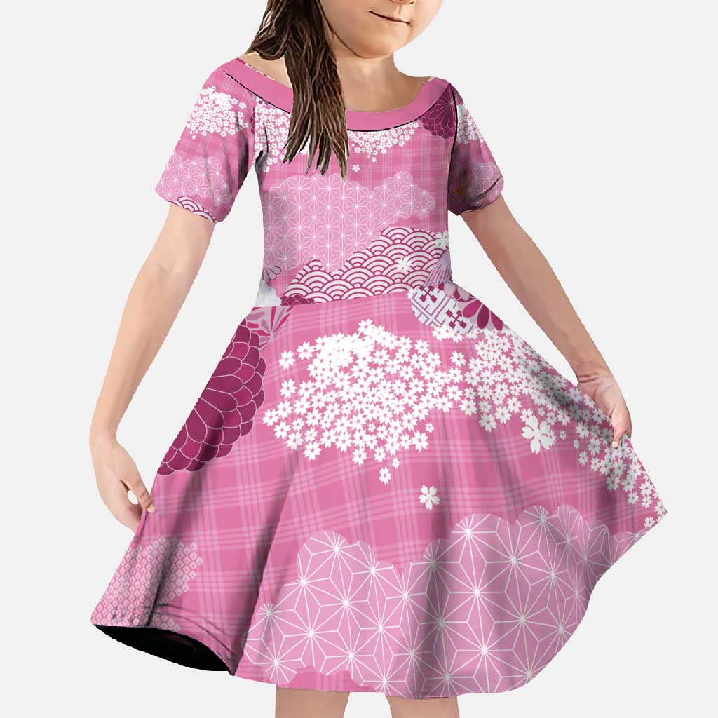 Pink Palaka Japanese Patterns Family Matching Off Shoulder Maxi Dress and Hawaiian Shirt Asanoha Seigaiha Sakura Motif LT14 Daughter's Dress Pink - Polynesian Pride