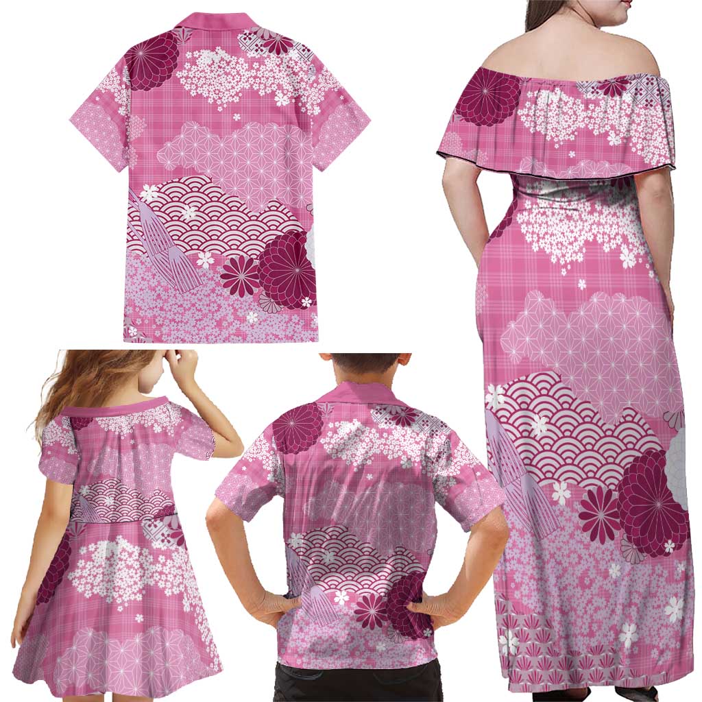 Pink Palaka Japanese Patterns Family Matching Off Shoulder Maxi Dress and Hawaiian Shirt Asanoha Seigaiha Sakura Motif LT14 - Polynesian Pride