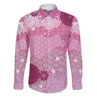 Pink Palaka Japanese Patterns Family Matching Off Shoulder Maxi Dress and Hawaiian Shirt Asanoha Seigaiha Sakura Motif LT14 Dad's Shirt - Long Sleeve Pink - Polynesian Pride