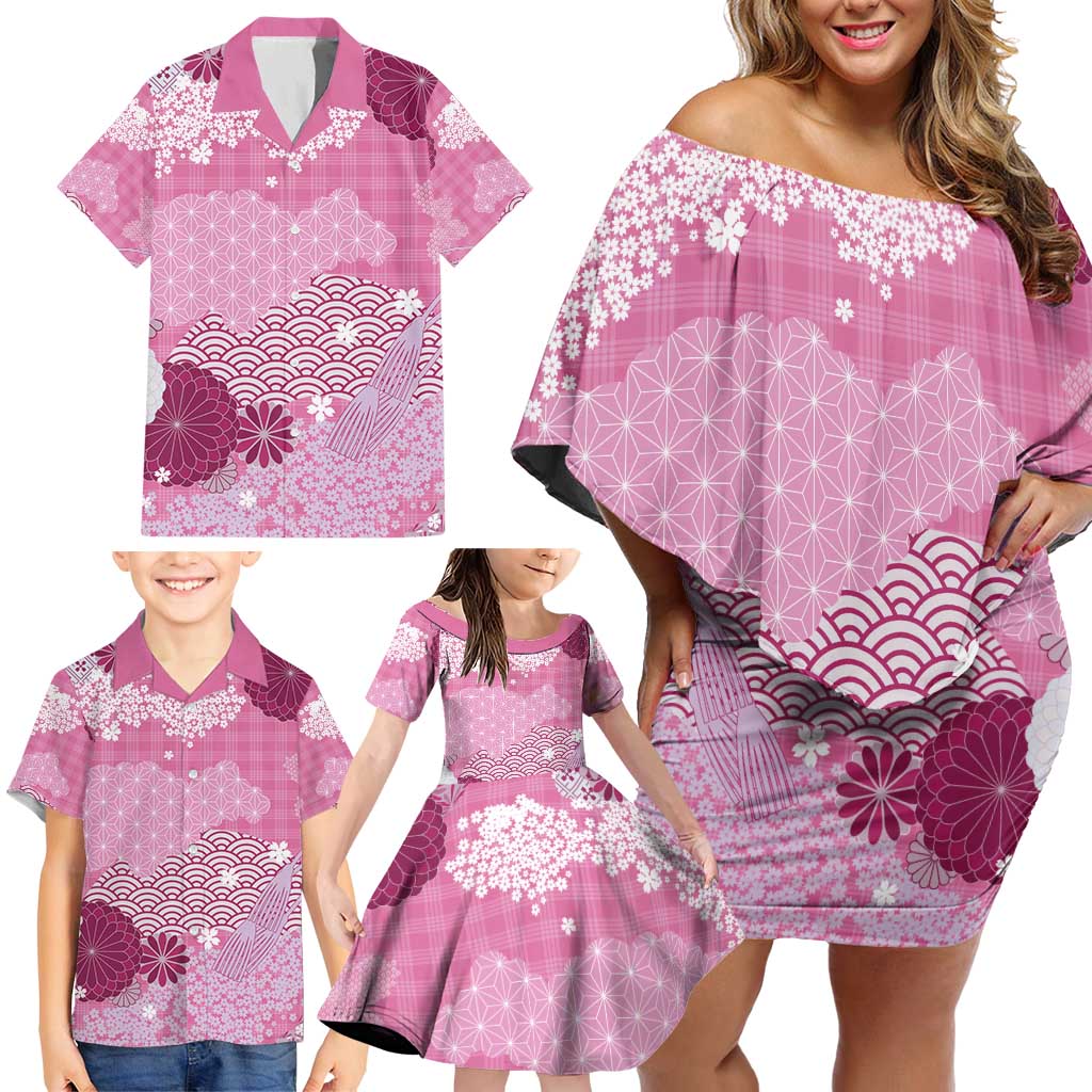 Pink Palaka Japanese Patterns Family Matching Off Shoulder Short Dress and Hawaiian Shirt Asanoha Seigaiha Sakura Motif LT14 - Polynesian Pride