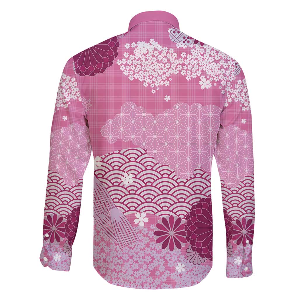 Pink Palaka Japanese Patterns Family Matching Off Shoulder Short Dress and Hawaiian Shirt Asanoha Seigaiha Sakura Motif LT14 - Polynesian Pride