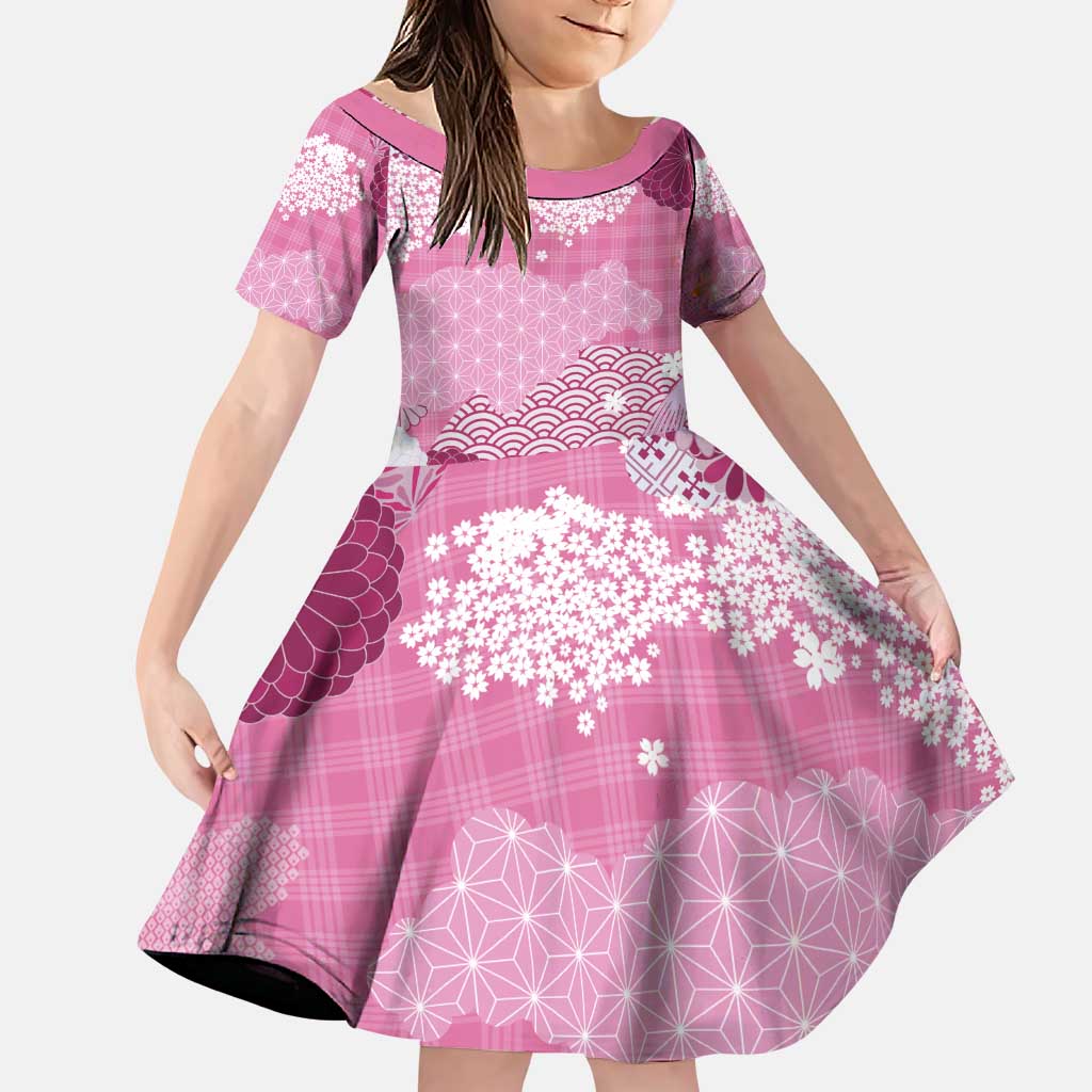 Pink Palaka Japanese Patterns Family Matching Puletasi and Hawaiian Shirt Asanoha Seigaiha Sakura Motif LT14 Daughter's Dress Pink - Polynesian Pride