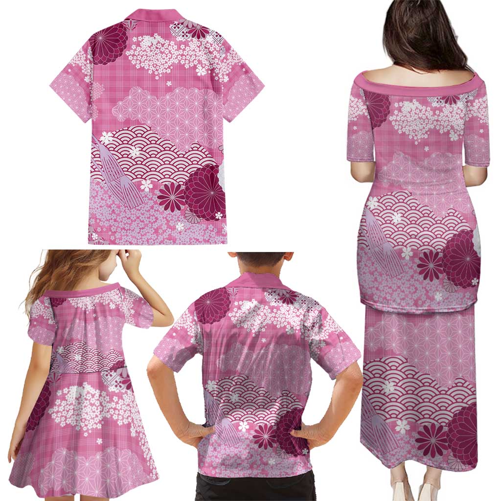 Pink Palaka Japanese Patterns Family Matching Puletasi and Hawaiian Shirt Asanoha Seigaiha Sakura Motif LT14 - Polynesian Pride