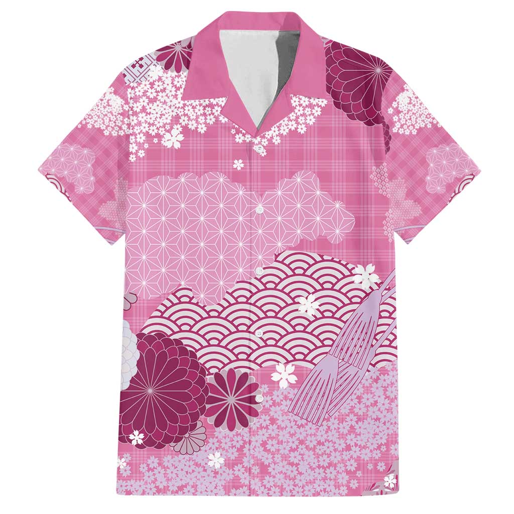Pink Palaka Japanese Patterns Family Matching Puletasi and Hawaiian Shirt Asanoha Seigaiha Sakura Motif LT14 Dad's Shirt - Short Sleeve Pink - Polynesian Pride