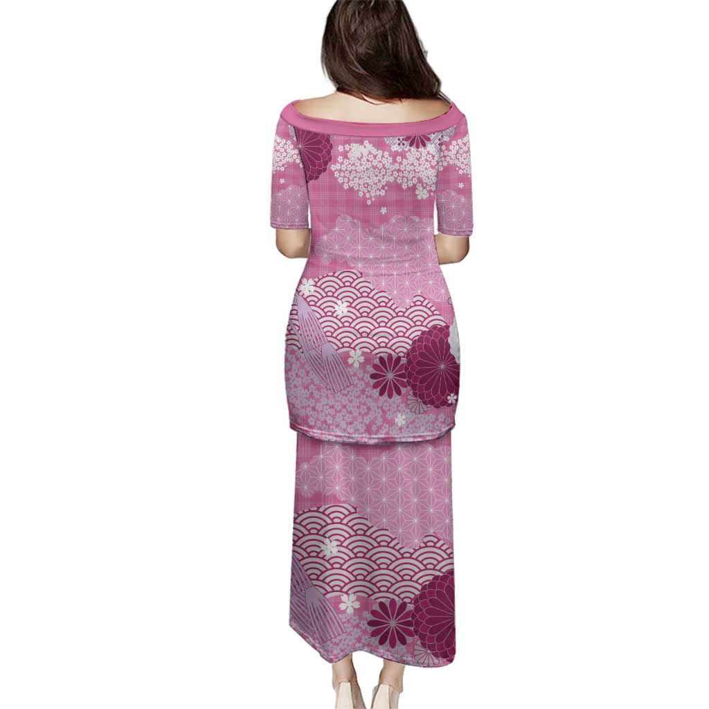 Pink Palaka Japanese Patterns Family Matching Puletasi and Hawaiian Shirt Asanoha Seigaiha Sakura Motif LT14 - Polynesian Pride