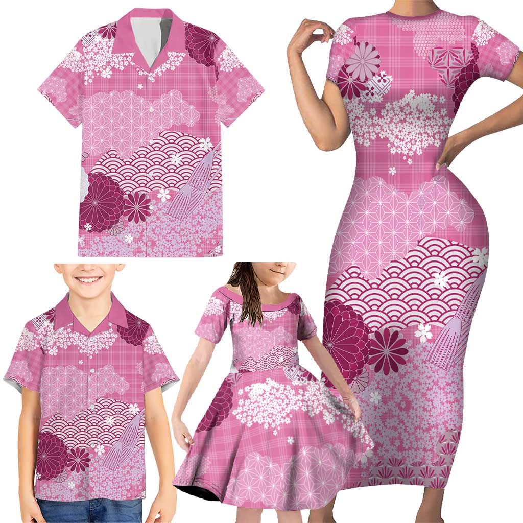 Pink Palaka Japanese Patterns Family Matching Short Sleeve Bodycon Dress and Hawaiian Shirt Asanoha Seigaiha Sakura Motif LT14 - Polynesian Pride