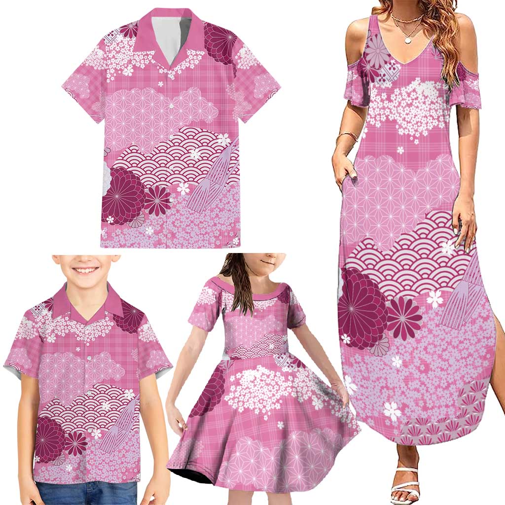 Pink Palaka Japanese Patterns Family Matching Summer Maxi Dress and Hawaiian Shirt Asanoha Seigaiha Sakura Motif LT14 - Polynesian Pride