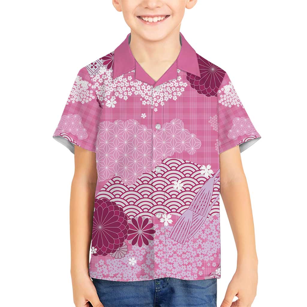 Pink Palaka Japanese Patterns Family Matching Summer Maxi Dress and Hawaiian Shirt Asanoha Seigaiha Sakura Motif LT14 Son's Shirt Pink - Polynesian Pride