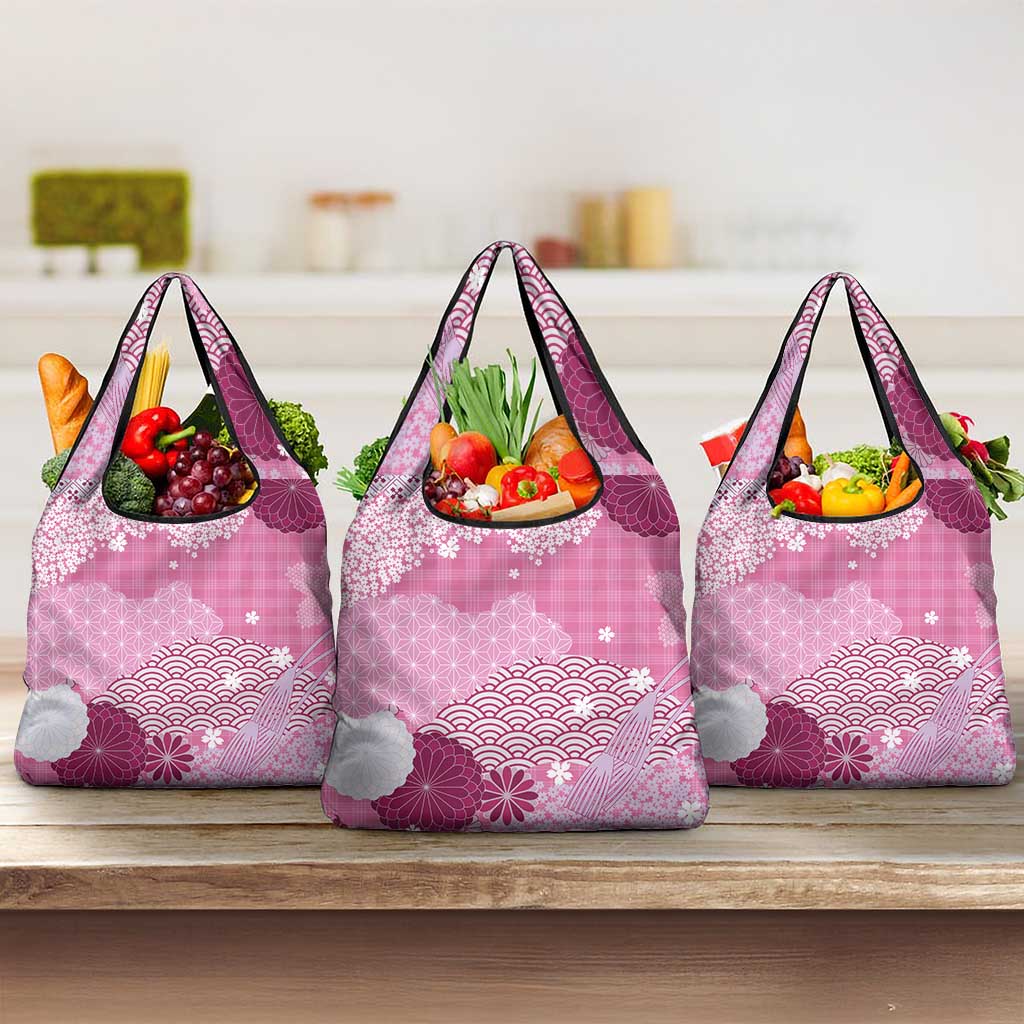 Pink Palaka Japanese Patterns Grocery Bag Asanoha Seigaiha Sakura Motif - Polynesian Pride
