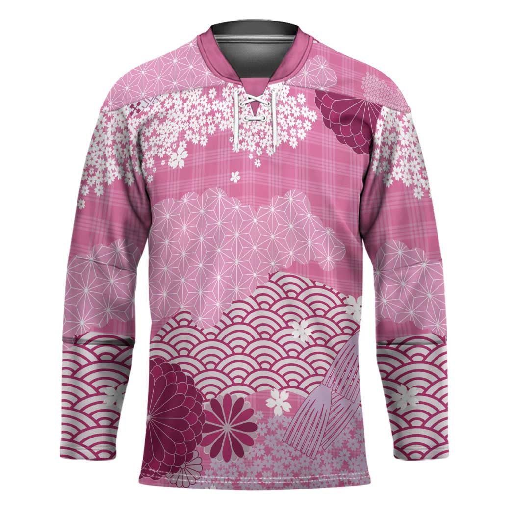 Pink Palaka Japanese Patterns Hockey Jersey Asanoha Seigaiha Sakura Motif - Polynesian Pride
