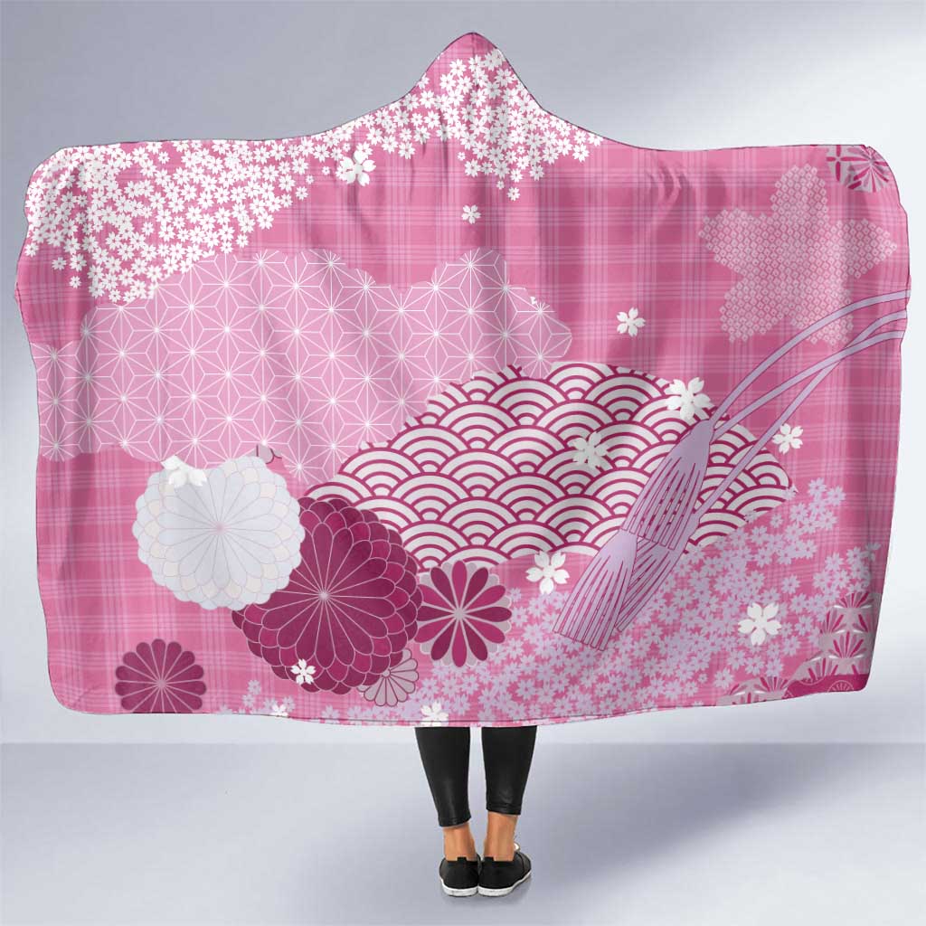 Pink Palaka Japanese Patterns Hooded Blanket Asanoha Seigaiha Sakura Motif LT14 One Size Pink - Polynesian Pride