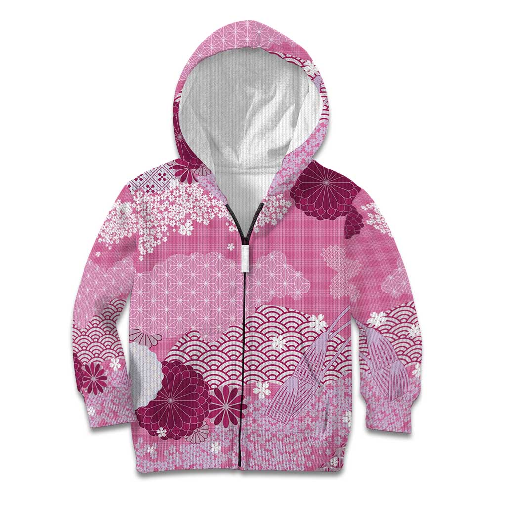 Pink Palaka Japanese Patterns Kid Hoodie Asanoha Seigaiha Sakura Motif LT14 Zip Hoodie Pink - Polynesian Pride