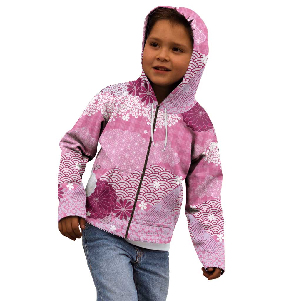 Pink Palaka Japanese Patterns Kid Hoodie Asanoha Seigaiha Sakura Motif LT14 - Polynesian Pride