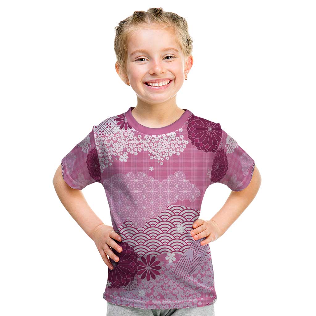 Pink Palaka Japanese Patterns Kid T Shirt Asanoha Seigaiha Sakura Motif LT14 Pink - Polynesian Pride