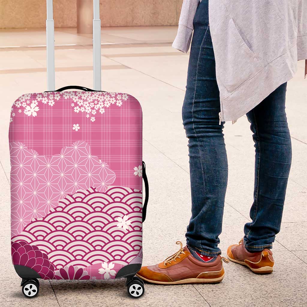 Pink Palaka Japanese Patterns Luggage Cover Asanoha Seigaiha Sakura Motif LT14 Pink - Polynesian Pride