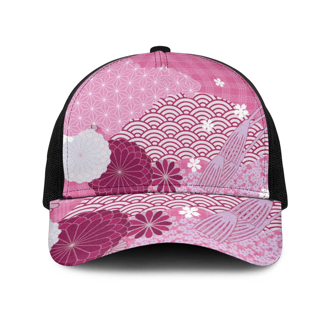 Pink Japanese Traditional Motifs Mesh Trucker Cap Palaka With Asanoha Seigaiha Sakura - Polynesian Pride