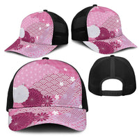 Pink Japanese Traditional Motifs Mesh Trucker Cap Palaka With Asanoha Seigaiha Sakura - Polynesian Pride