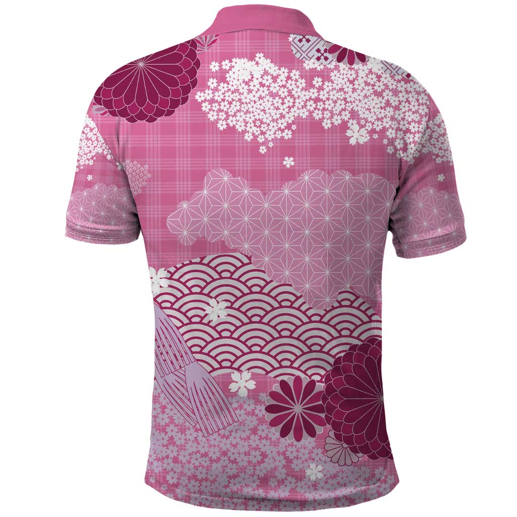 Pink Palaka Japanese Patterns Polo Shirt Asanoha Seigaiha Sakura Motif LT14 - Polynesian Pride